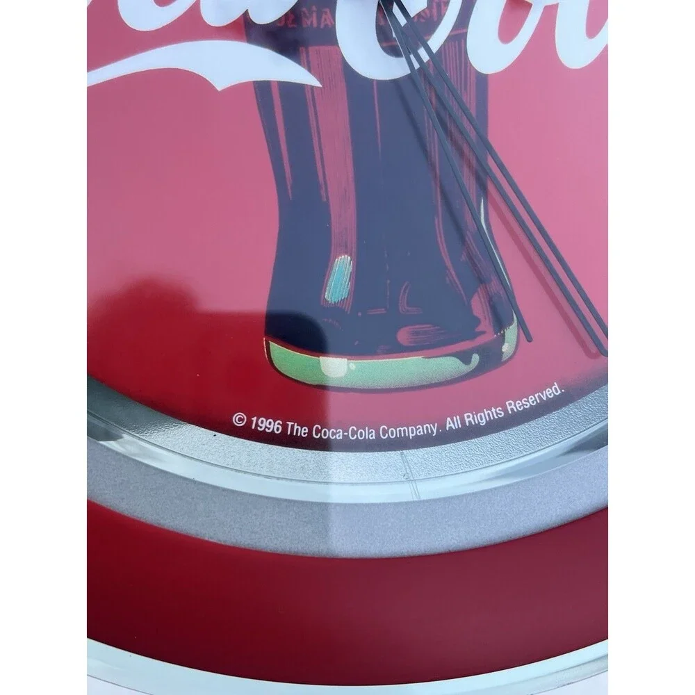 1996 Coca-Cola Glass Wall Clock Quartz Bottle Logo Red Silver Vintage Decor